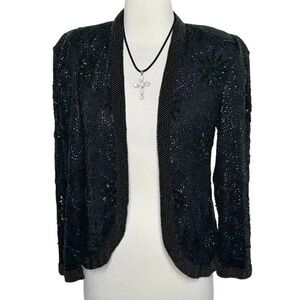 Nite Line Jacket S Black Beaded Sequin Silk Open Front Vintage‎ Evening Bolero